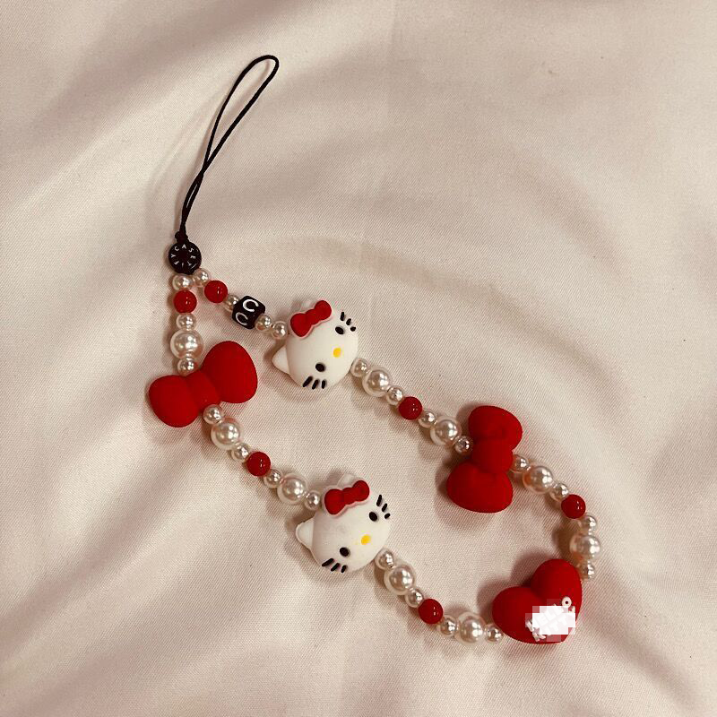 Wholesale hot selling mobile phone case bead chain accessories kitty cat cute bead chain key camera anti-lost lanyard