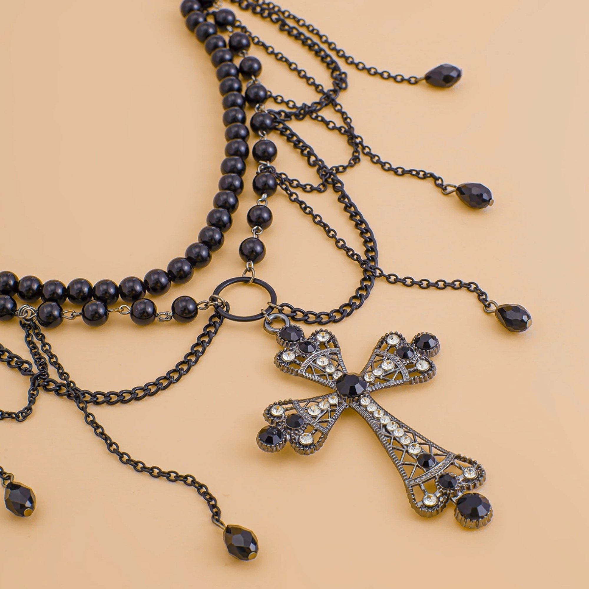 Dark style cross iron chain waist chain multi-layer versatile tassel crystal body chain and black nail cover for women