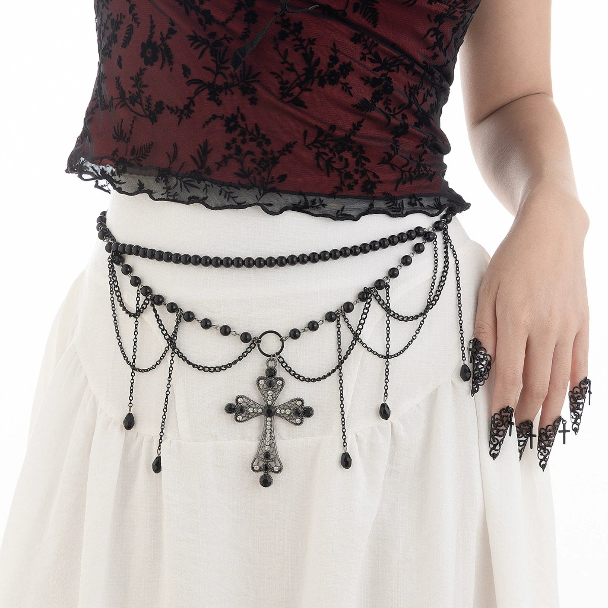 Dark style cross iron chain waist chain multi-layer versatile tassel crystal body chain and black nail cover for women
