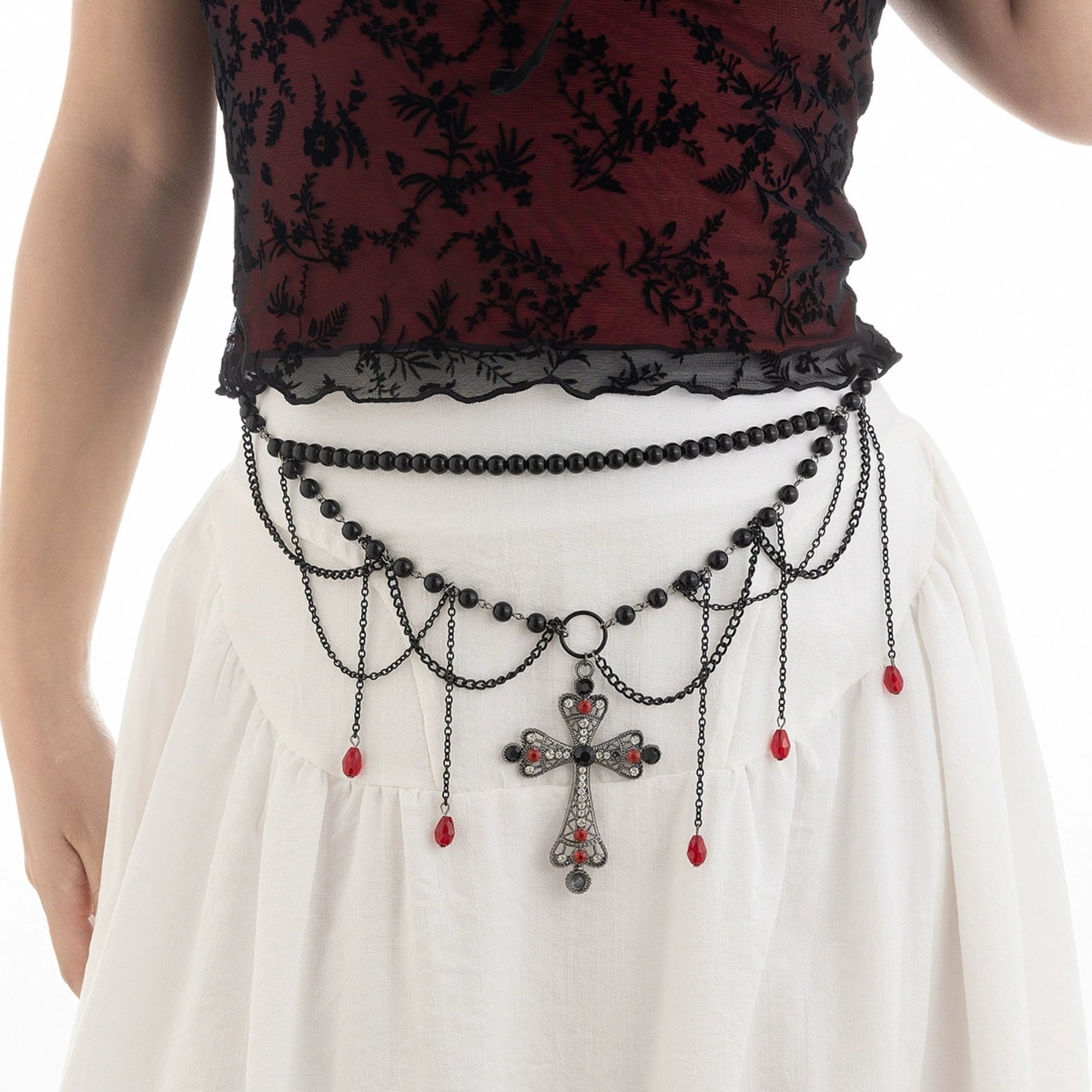 Dark style cross iron chain waist chain multi-layer versatile tassel crystal body chain and black nail cover for women