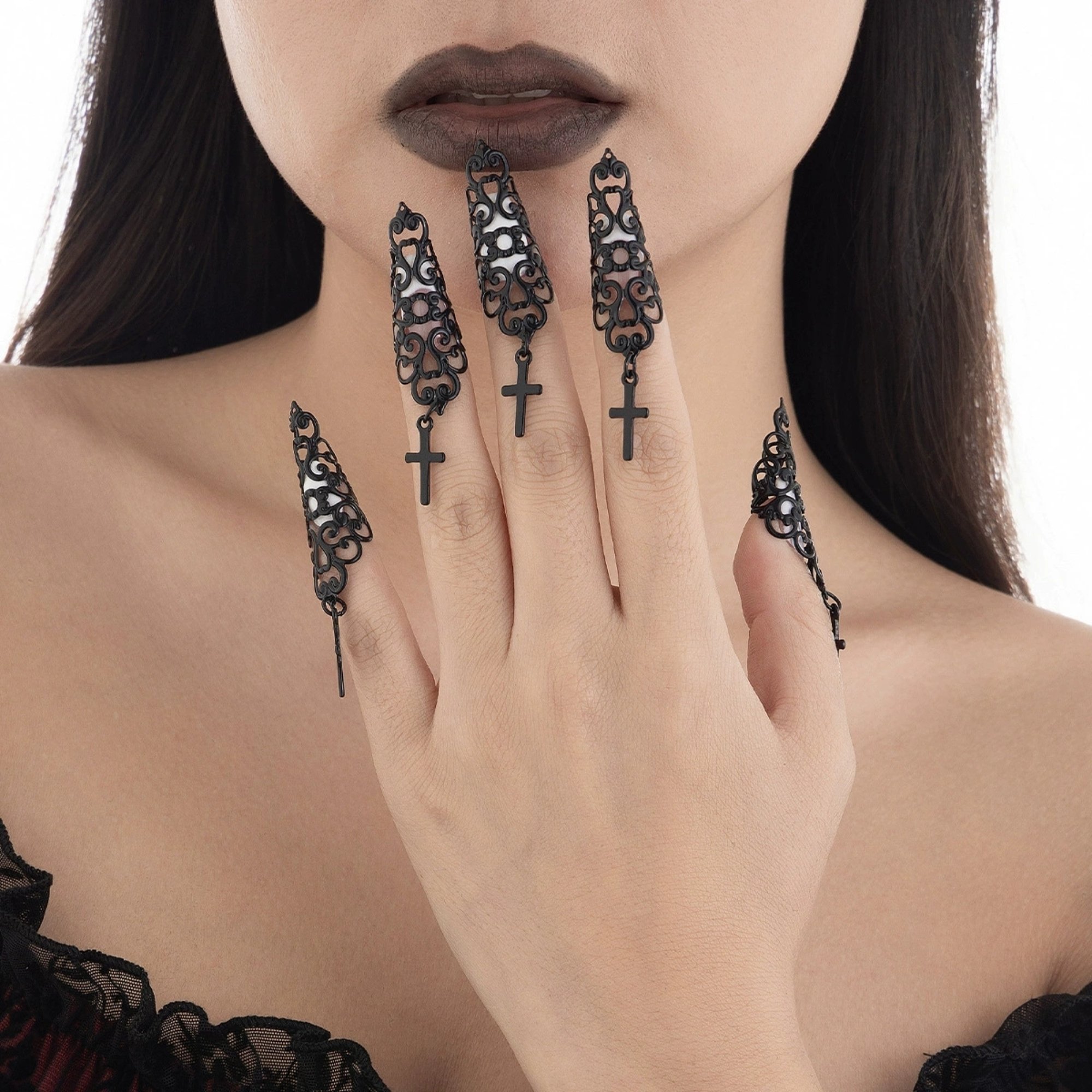 Dark style cross iron chain waist chain multi-layer versatile tassel crystal body chain and black nail cover for women
