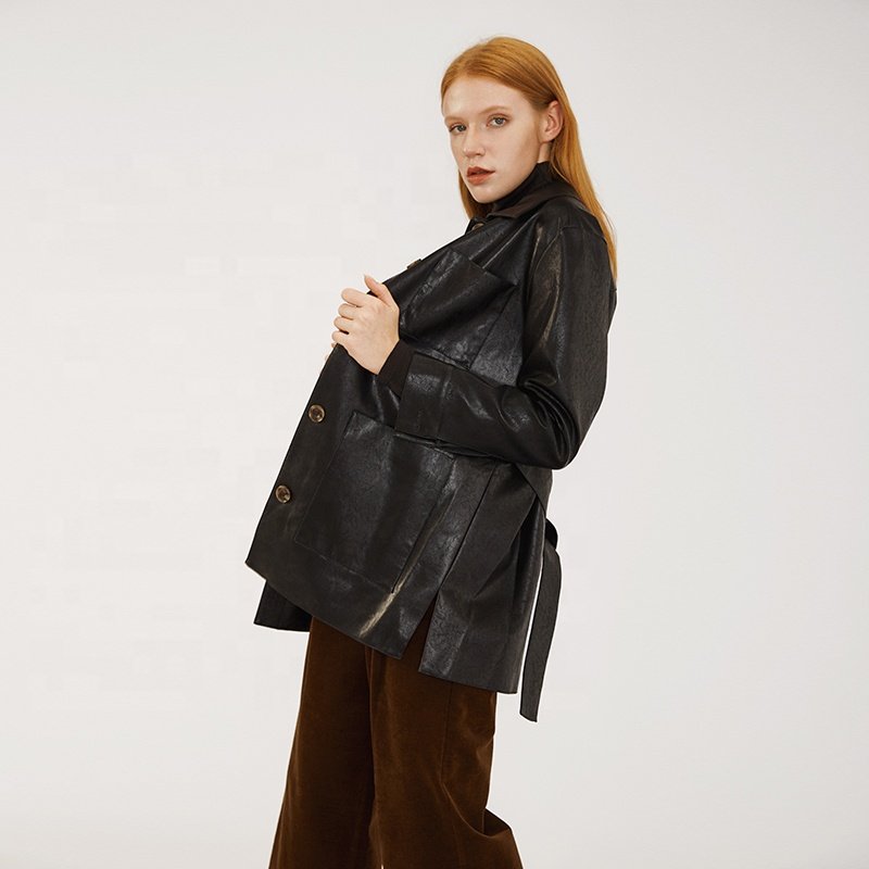 2024 New Women High Quality Fashion Brands Black Belted Single Breasted Faux Leather Jacket
