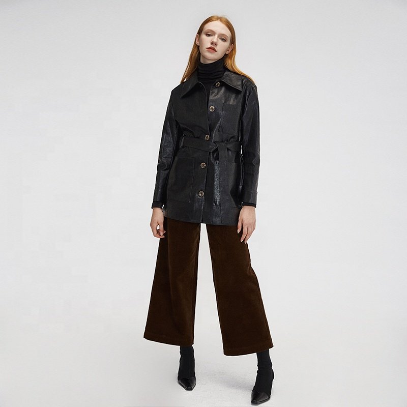 2024 New Women High Quality Fashion Brands Black Belted Single Breasted Faux Leather Jacket