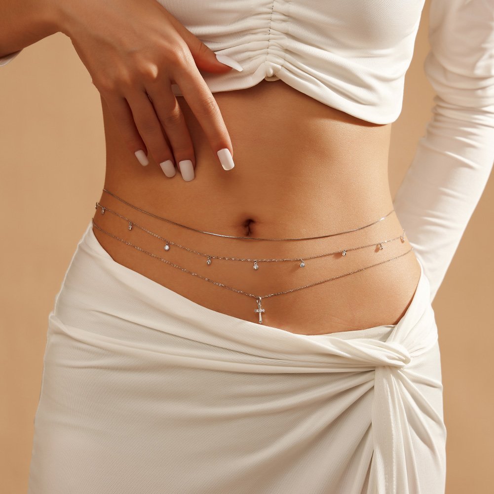 RINNTIN CW02 14K Gold Plated Waist Chains for Women Belly Box Chains Summer Beach Adjustable 925 Silver Body Jewelry