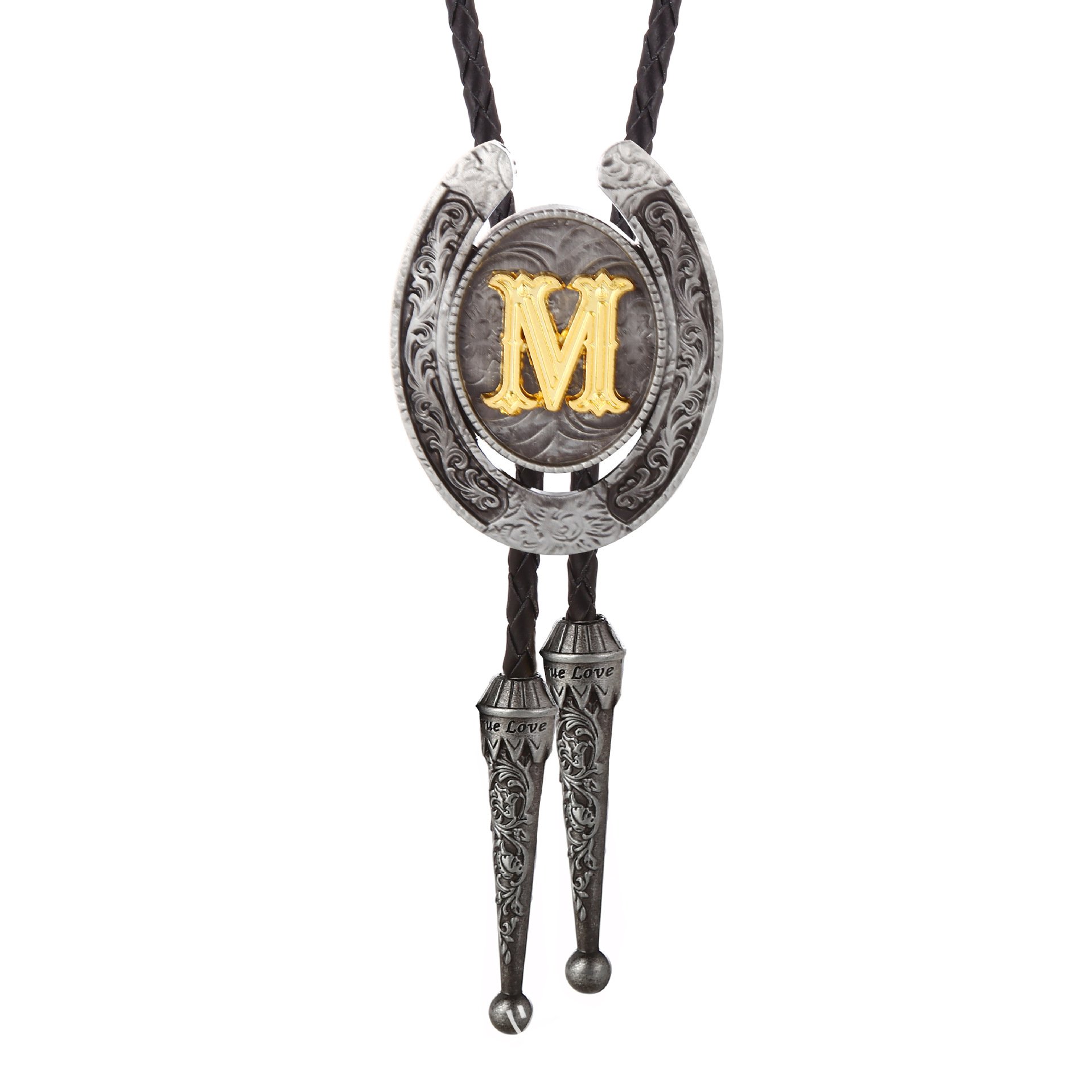 2024 popular natural antique silver and gold letter Western Cowboy hand braided Leather Bolo Tie Necktie for men and women