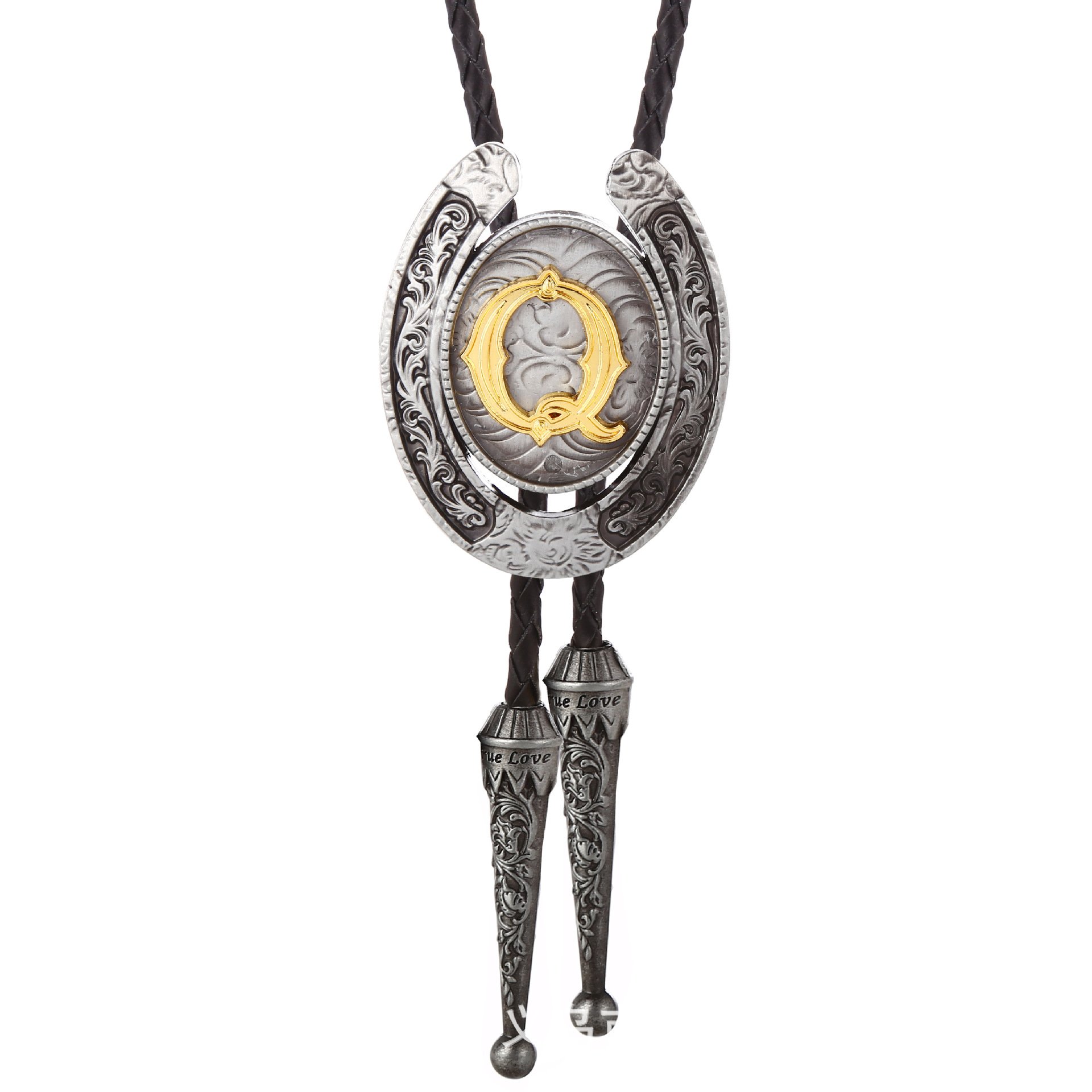2024 popular natural antique silver and gold letter Western Cowboy hand braided Leather Bolo Tie Necktie for men and women