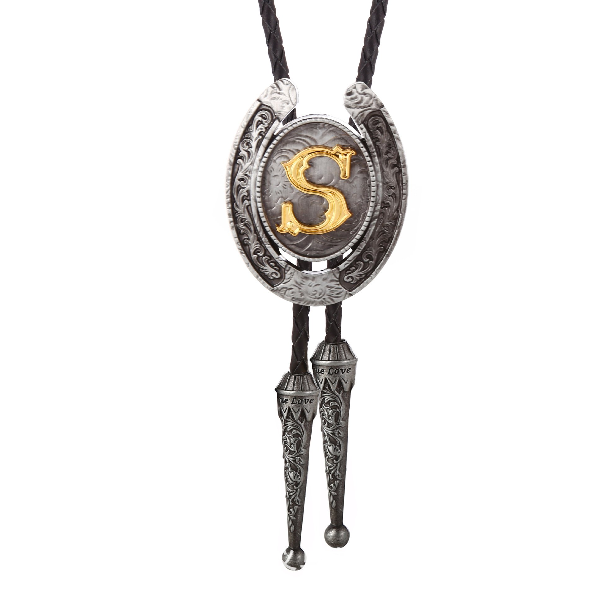2024 popular natural antique silver and gold letter Western Cowboy hand braided Leather Bolo Tie Necktie for men and women