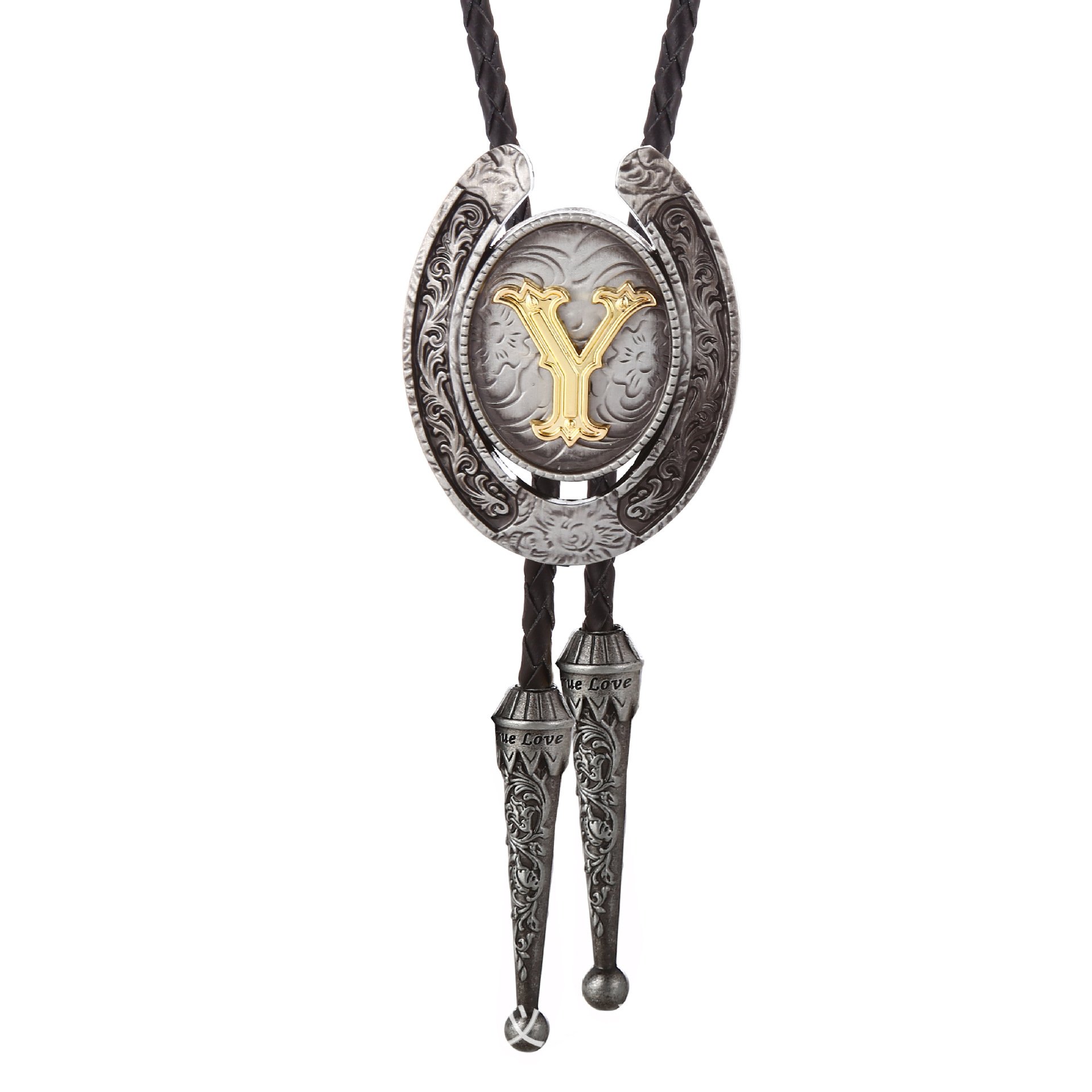 2024 popular natural antique silver and gold letter Western Cowboy hand braided Leather Bolo Tie Necktie for men and women