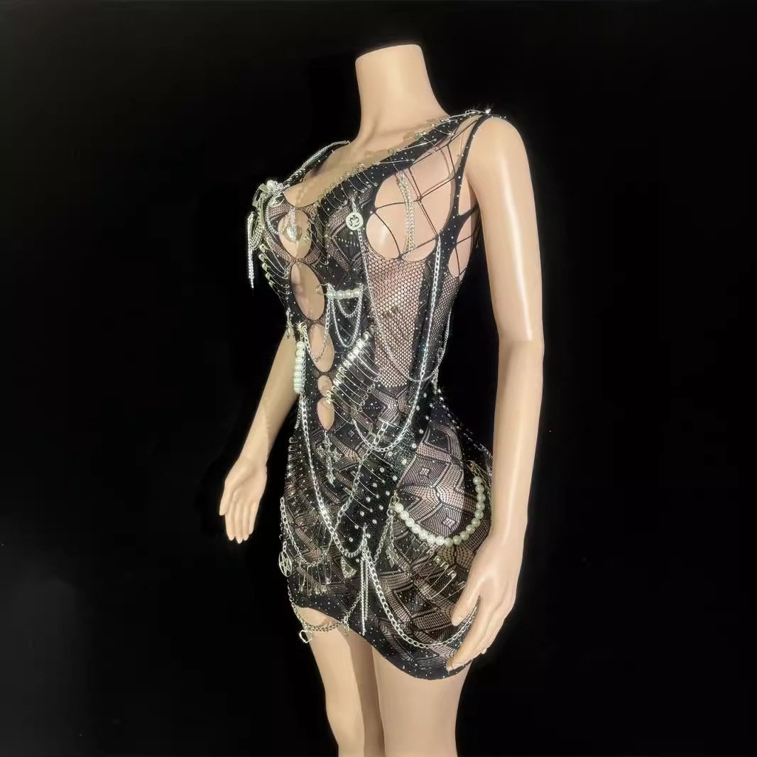 Ocstrade Belt Nail Buckle Bead Chain Sexy Black Mini Dress For Women Party Club Night Mesh See Through Ballroom Performance Wear