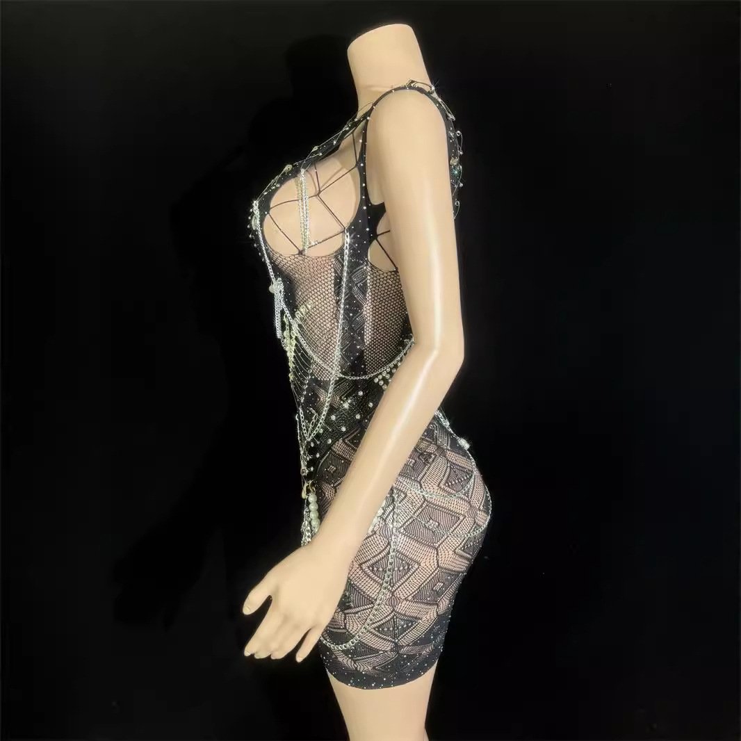 Ocstrade Belt Nail Buckle Bead Chain Sexy Black Mini Dress For Women Party Club Night Mesh See Through Ballroom Performance Wear