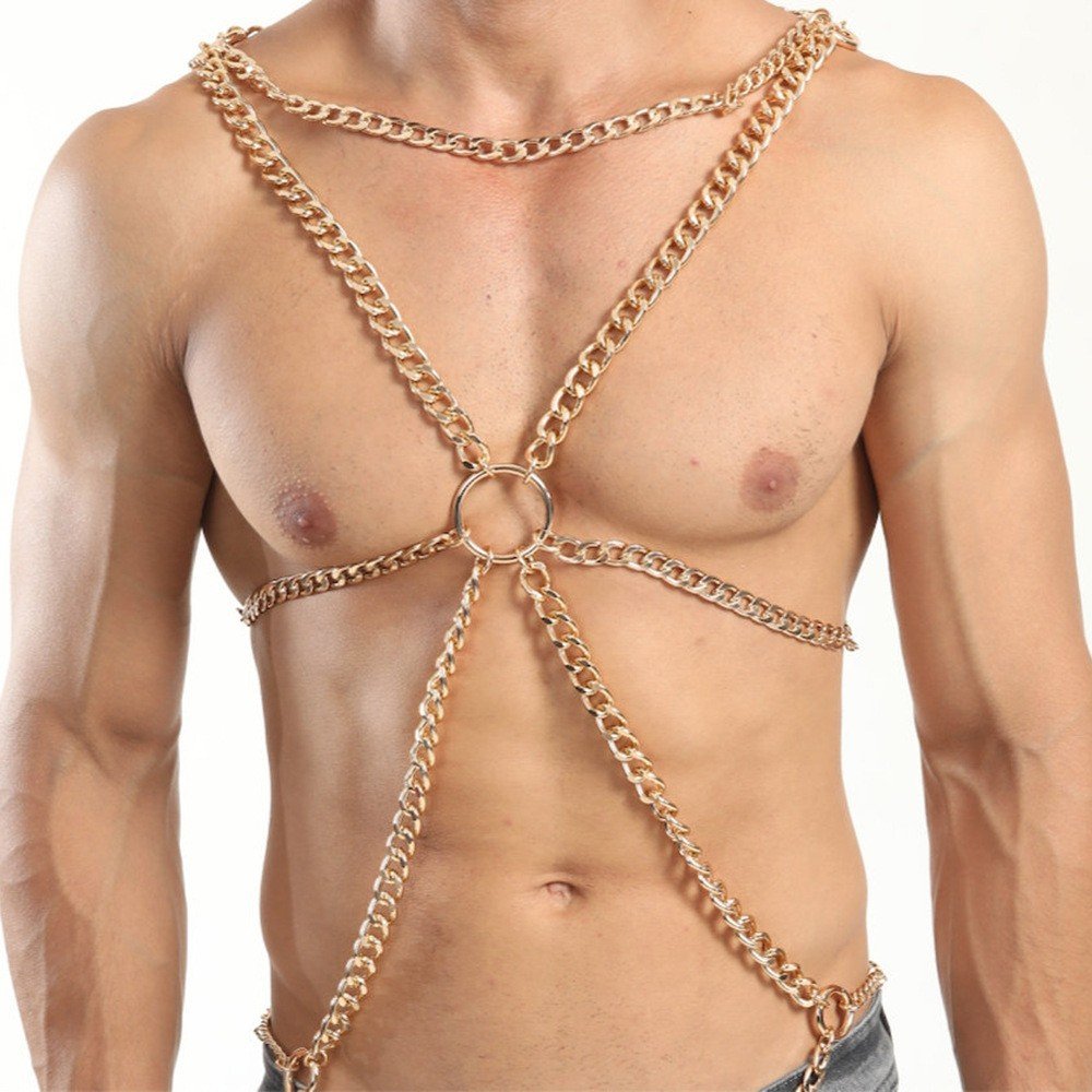 Mens Body Chest Muscle Chain Shoulder Half Belt Gay Bondage Cosplay