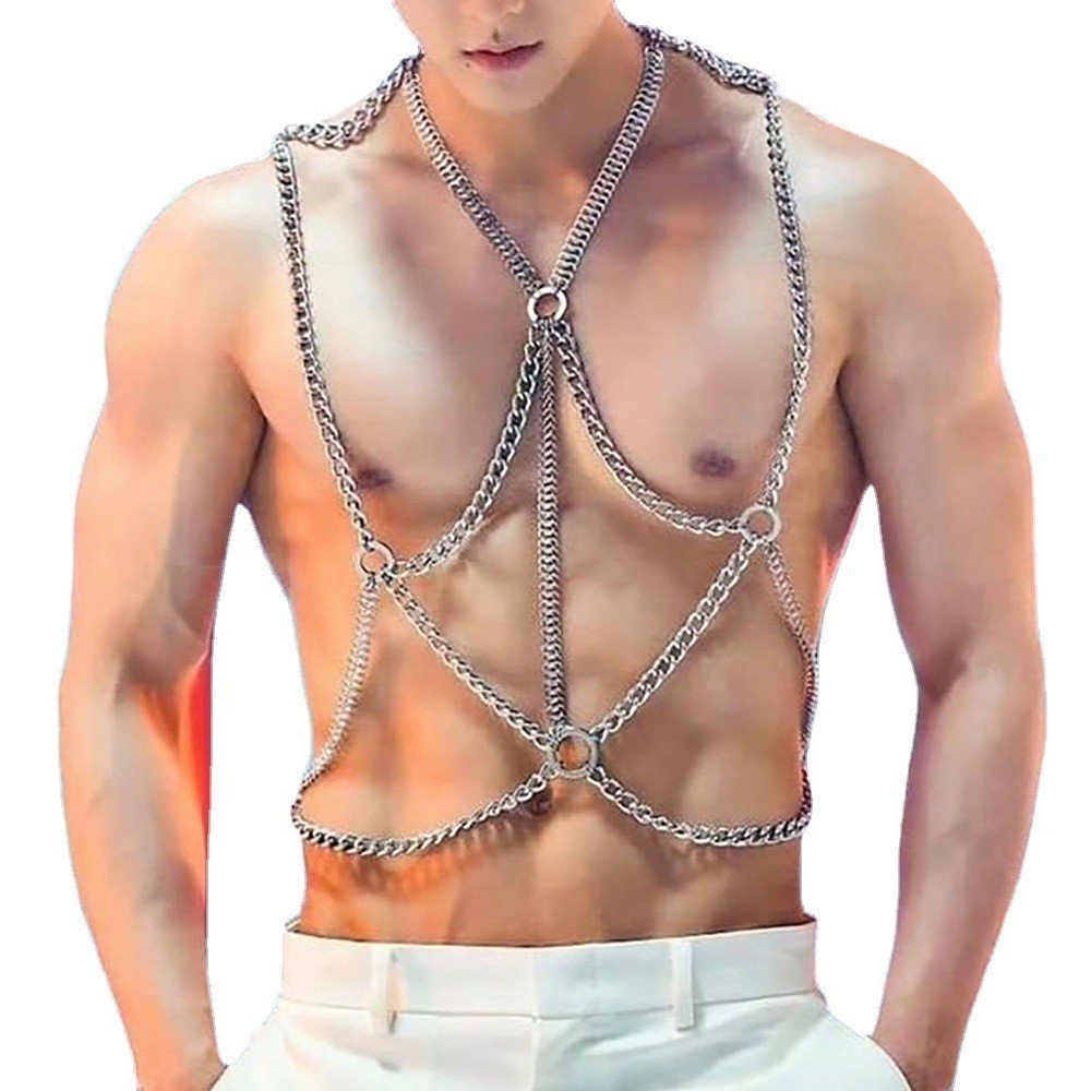 Mens Body Chest Muscle Chain Shoulder Half Belt Gay Bondage Cosplay