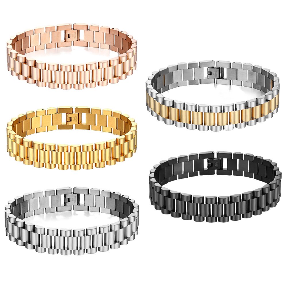 Fashion Hot Sale Waterproof 15MM Curved Brand Titanium Couple Adjustable Stainless Steel Chain Strap Bracelet