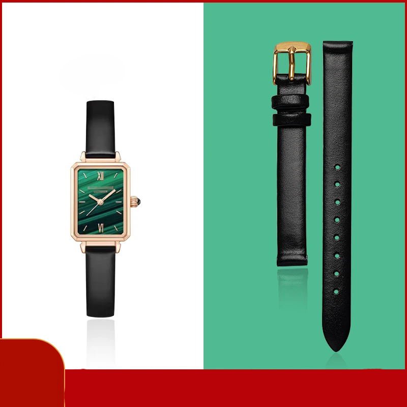 Small Green Watch Band Women's Leather Strap Steel Belt instead of Watch Chain