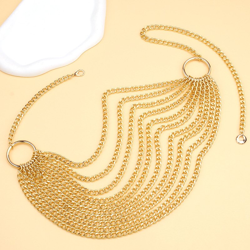 New Western Chunky Body Jewelry Belly Link Chains Belt Designer Multilayer Concho Metal Waist Women Dress Golden Chain Belts
