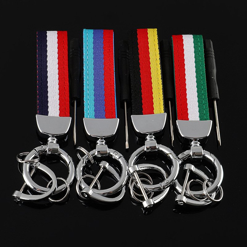 New style three color woven belt car keychains and three color braided strap car key chain with laser logo
