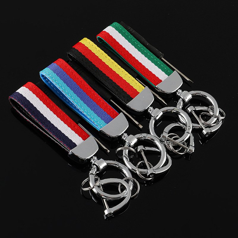 New style three color woven belt car keychains and three color braided strap car key chain with laser logo