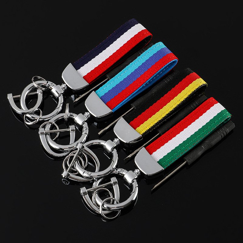 New style three color woven belt car keychains and three color braided strap car key chain with laser logo