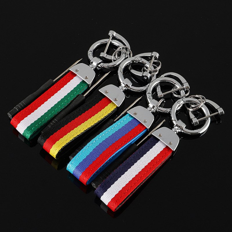 New style three color woven belt car keychains and three color braided strap car key chain with laser logo