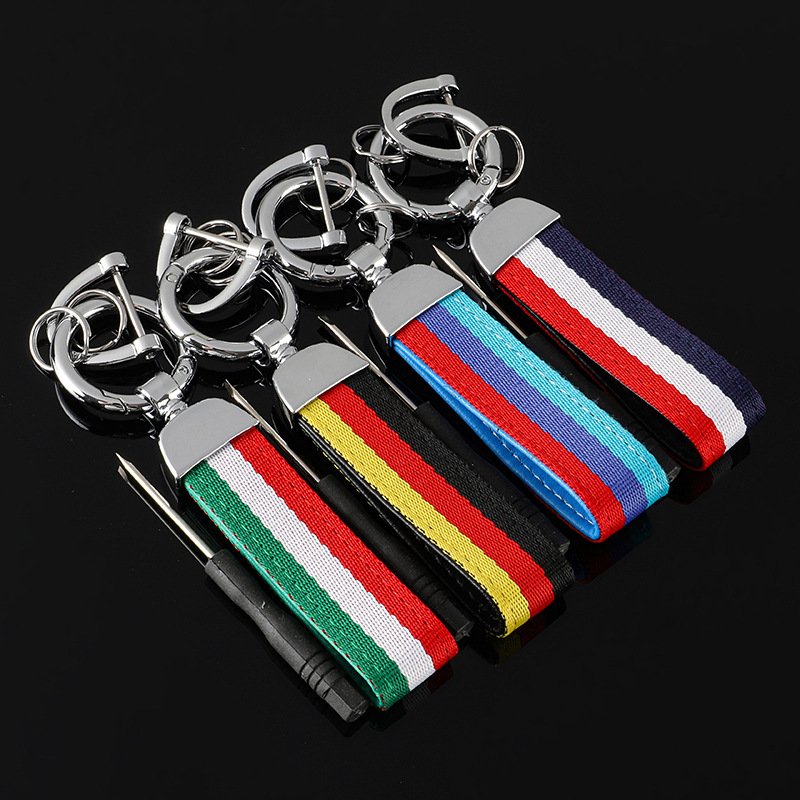 New style three color woven belt car keychains and three color braided strap car key chain with laser logo