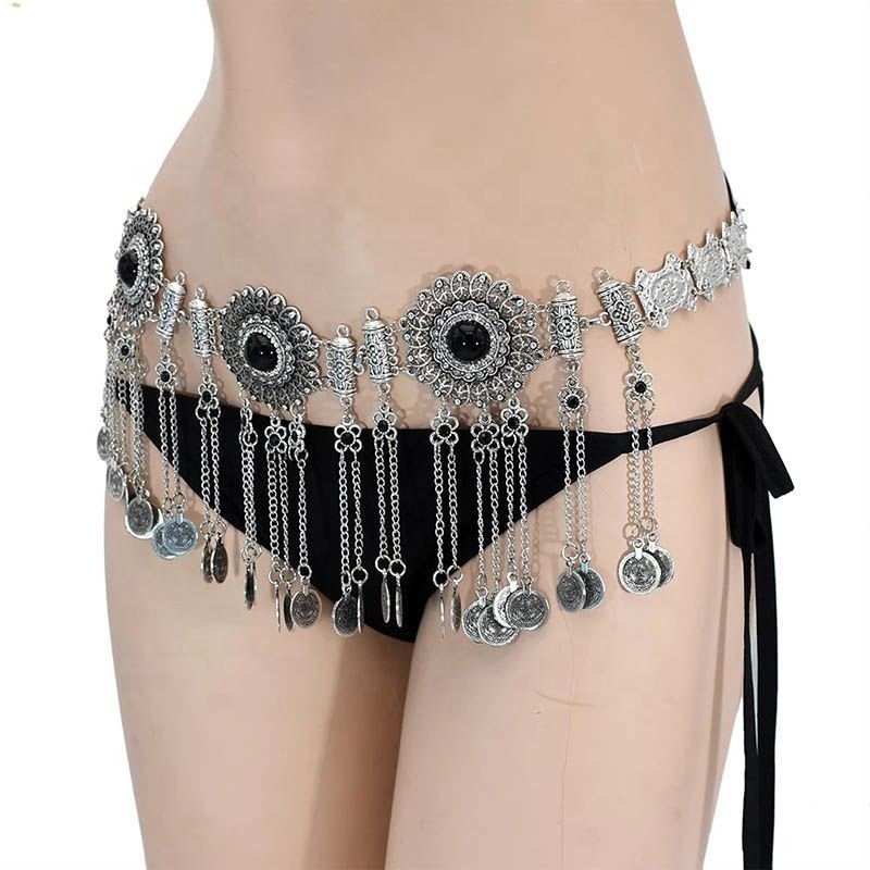 New fashion Bohemian national style waist decoration metal tassel pendant belt hollow-out carving belly dance waist chain belt