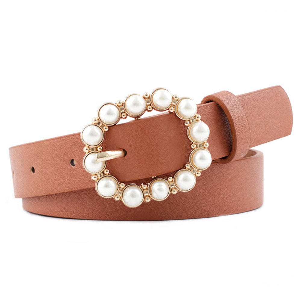 ALFA Vintage Metal Buckle Waistt Belt Pearl Retro Metal Waist Chain Belt Dress PU Leather Luxury For Women