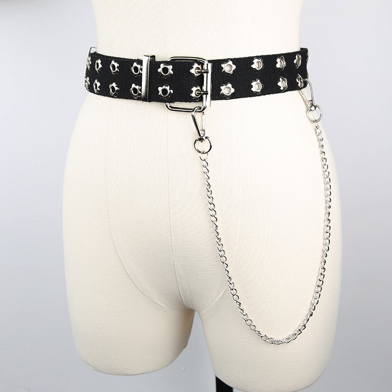 Punk Studded Holes Black Belt Double Grommet Belt Leather Punk Waist Belt With Detachable Chain For Women Jeans Dresses