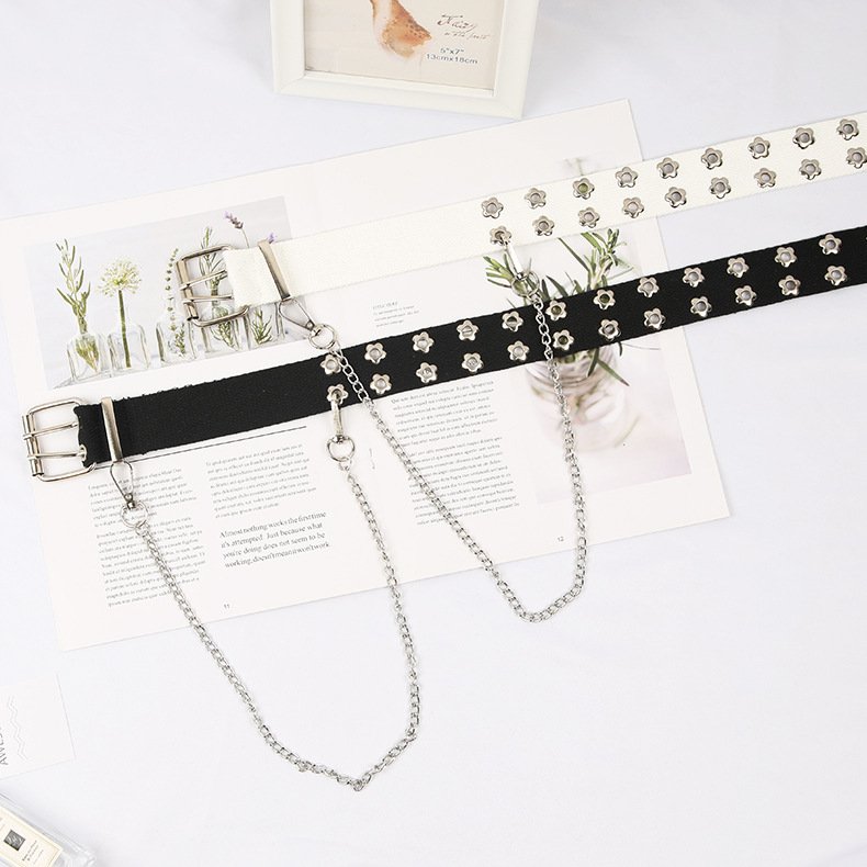 Punk Studded Holes Black Belt Double Grommet Belt Leather Punk Waist Belt With Detachable Chain For Women Jeans Dresses