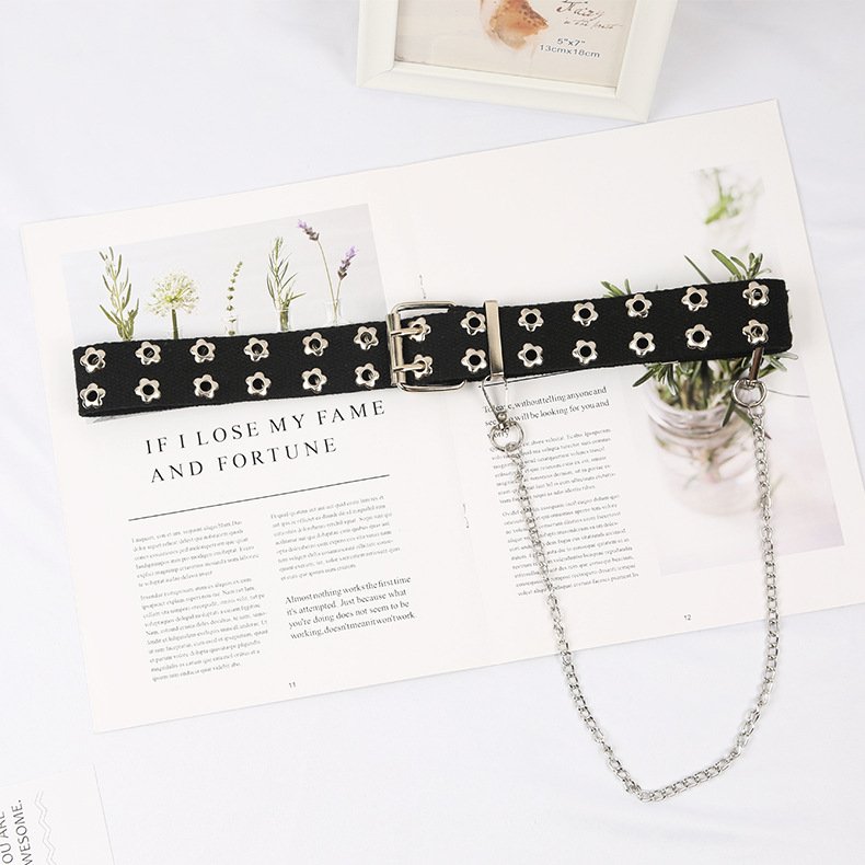 Punk Studded Holes Black Belt Double Grommet Belt Leather Punk Waist Belt With Detachable Chain For Women Jeans Dresses