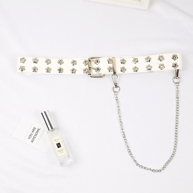 Punk Studded Holes Black Belt Double Grommet Belt Leather Punk Waist Belt With Detachable Chain For Women Jeans Dresses