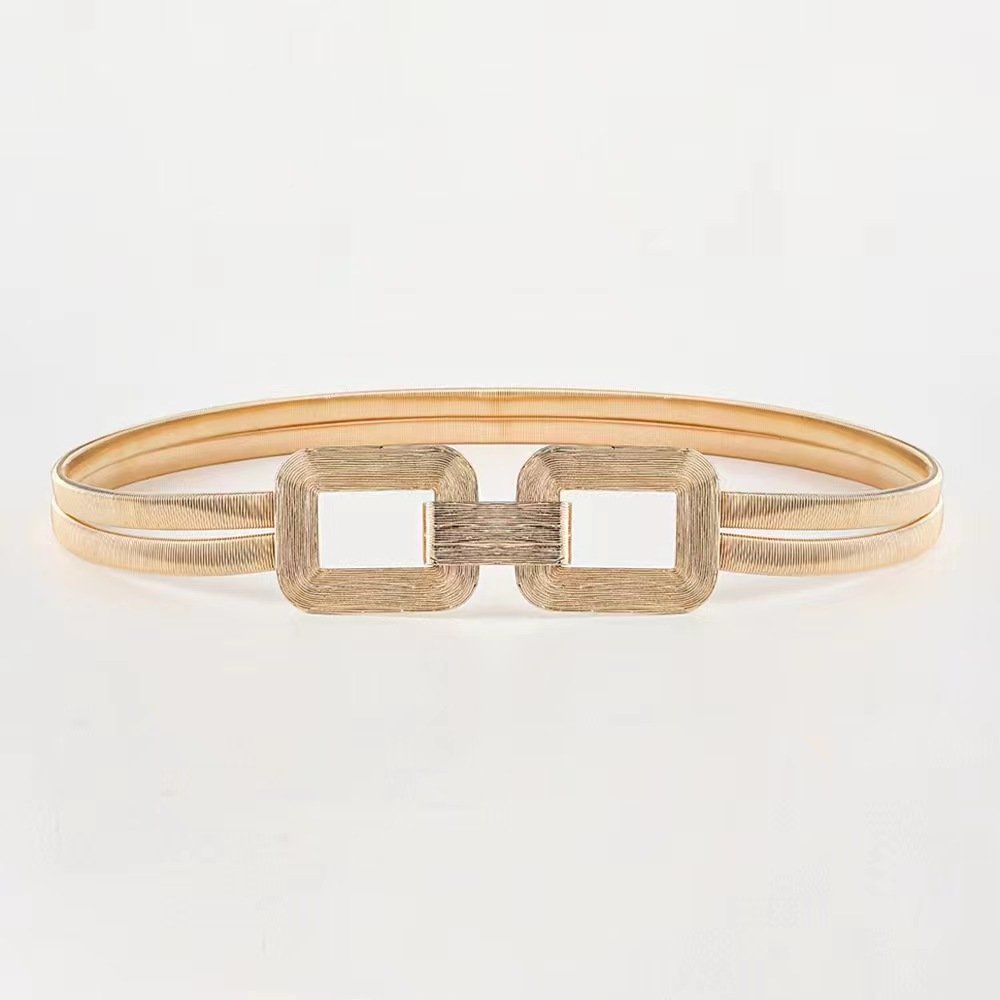 High Quality Women Gold Double Line Skinny Metal Waist Belt Gold Double Ring Buckle Waistband Elastic Metal Chain Belt For Dress