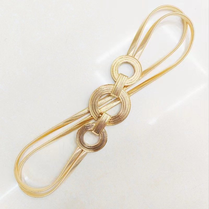 High Quality Women Gold Double Line Skinny Metal Waist Belt Gold Double Ring Buckle Waistband Elastic Metal Chain Belt For Dress