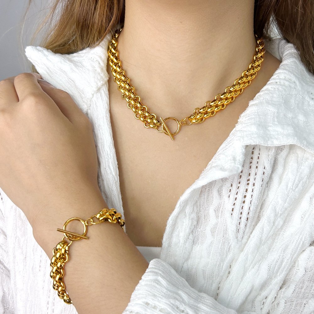 BR320 Waterproof Trendy 18k Gold Plated Stainless Steel OT Jewelry Three Layer Wide Thick Belt Chunky Chain Bracelet for Women