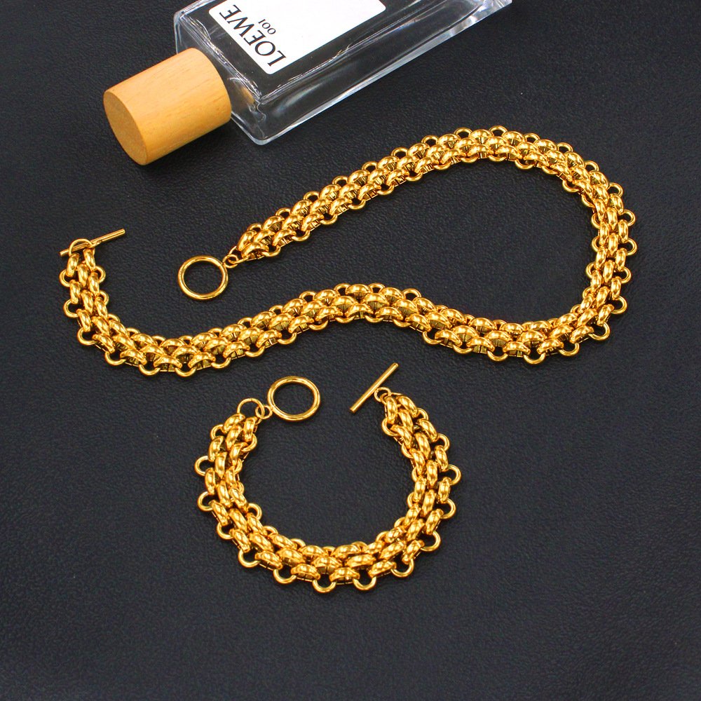 BR320 Waterproof Trendy 18k Gold Plated Stainless Steel OT Jewelry Three Layer Wide Thick Belt Chunky Chain Bracelet for Women