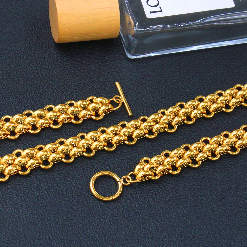 BR320 Waterproof Trendy 18k Gold Plated Stainless Steel OT Jewelry Three Layer Wide Thick Belt Chunky Chain Bracelet for Women