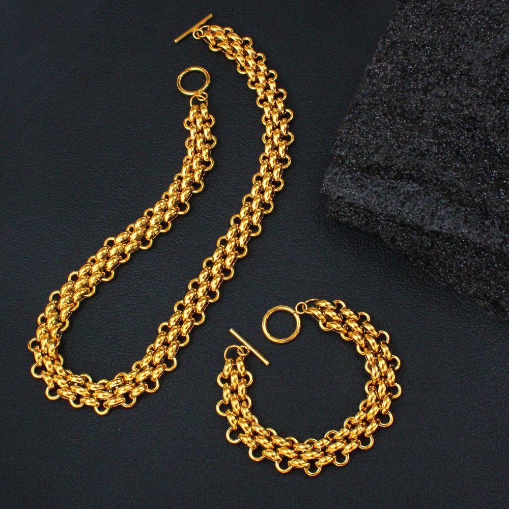 BR320 Waterproof Trendy 18k Gold Plated Stainless Steel OT Jewelry Three Layer Wide Thick Belt Chunky Chain Bracelet for Women
