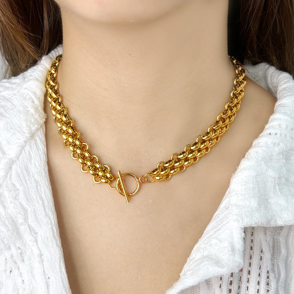 BR320 Waterproof Trendy 18k Gold Plated Stainless Steel OT Jewelry Three Layer Wide Thick Belt Chunky Chain Bracelet for Women