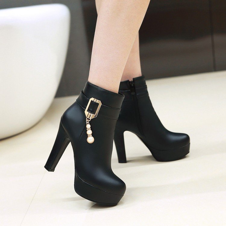 plus size Fashion pearl chain pendant belt buckle chunky heel pu leather ankle boots women