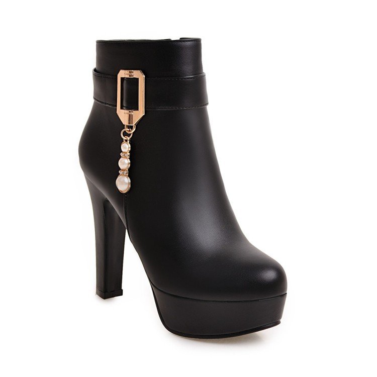 plus size Fashion pearl chain pendant belt buckle chunky heel pu leather ankle boots women