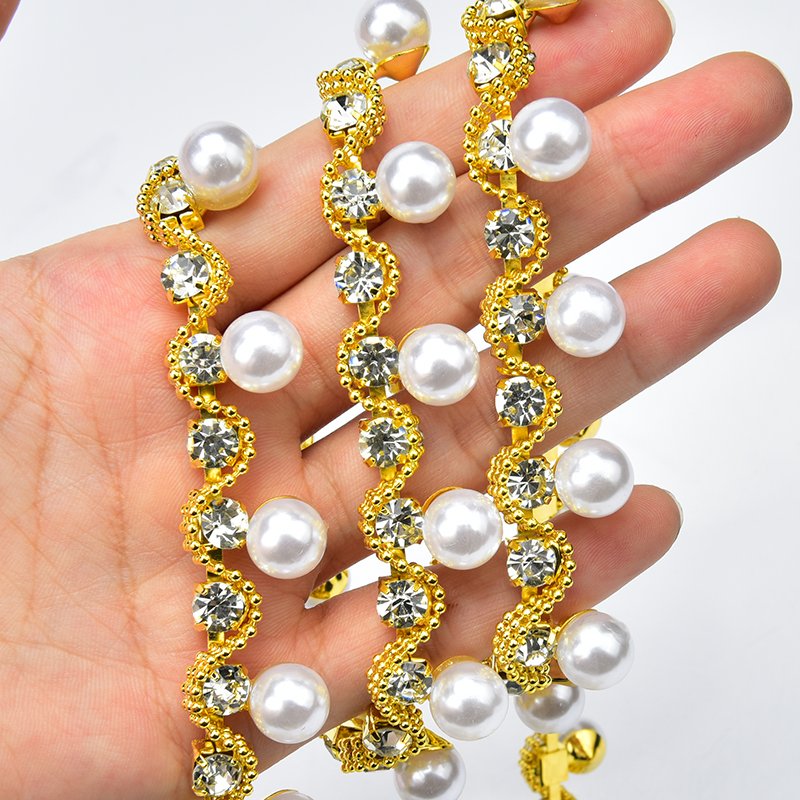 Fashion Rhinestone Pearl Trim Glass Crystal White Pearls Fringe Beads Chain Decoration Belt For Clothing Shoes Embellishment DIY