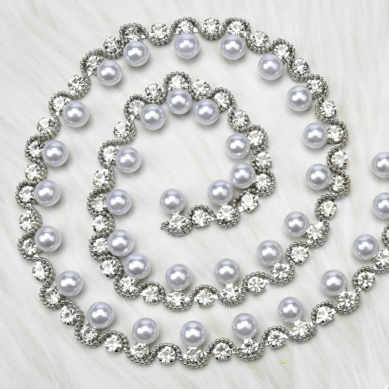 Fashion Rhinestone Pearl Trim Glass Crystal White Pearls Fringe Beads Chain Decoration Belt For Clothing Shoes Embellishment DIY