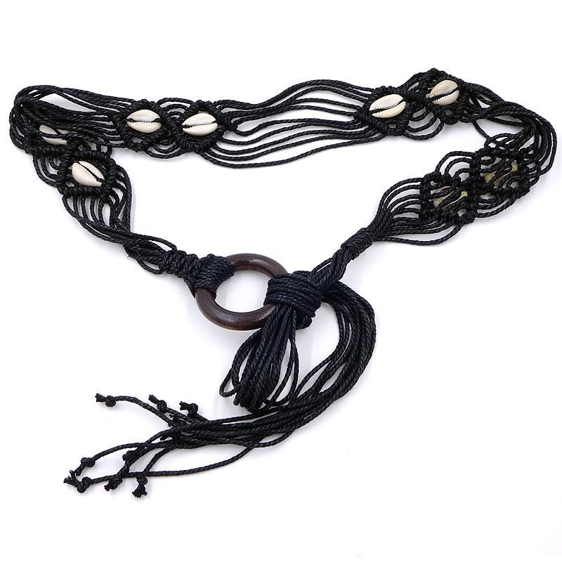New Bohemian Style Wax Rope Handmade Braided Waist Chain Dress Wooden Buckle Shell Decorative Belt for Women