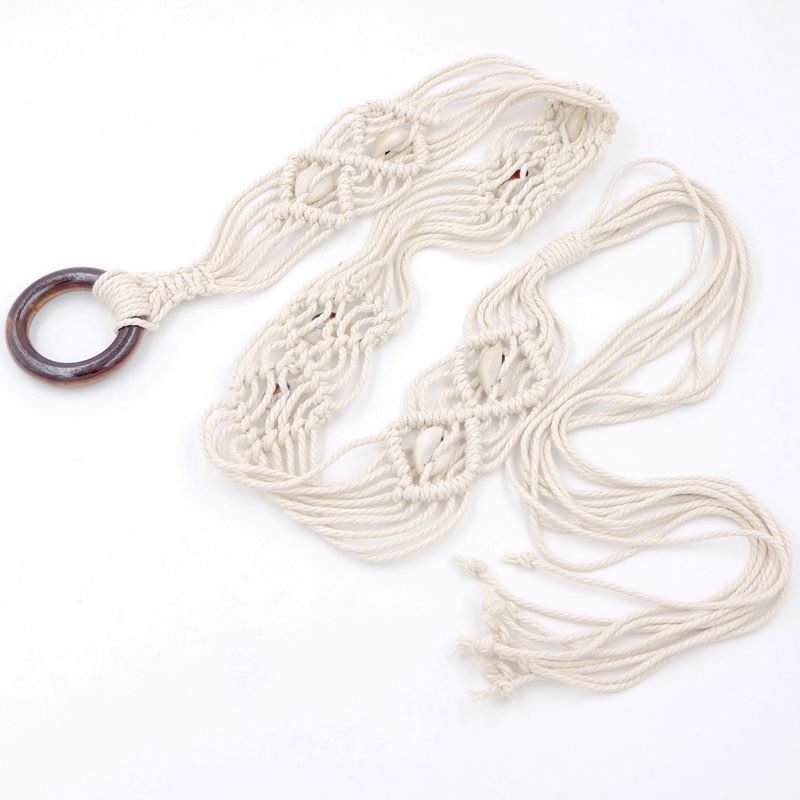 New Bohemian Style Wax Rope Handmade Braided Waist Chain Dress Wooden Buckle Shell Decorative Belt for Women