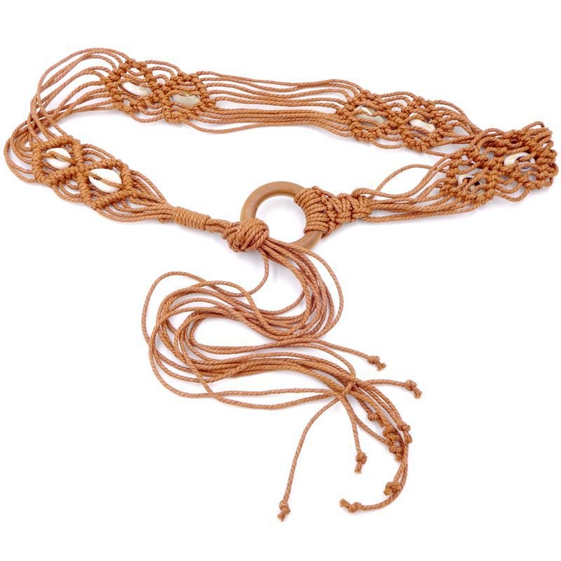 New Bohemian Style Wax Rope Handmade Braided Waist Chain Dress Wooden Buckle Shell Decorative Belt for Women