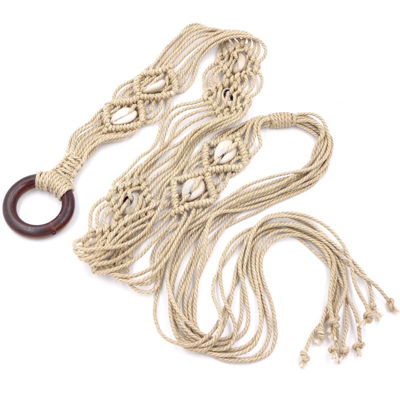 New Bohemian Style Wax Rope Handmade Braided Waist Chain Dress Wooden Buckle Shell Decorative Belt for Women
