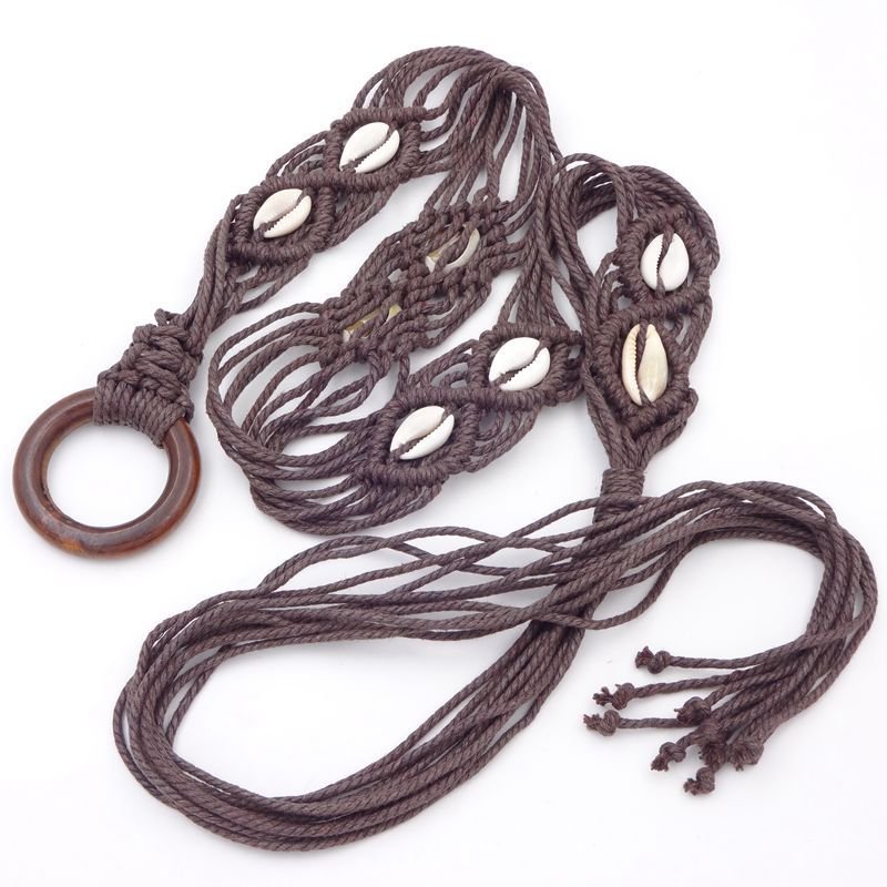 New Bohemian Style Wax Rope Handmade Braided Waist Chain Dress Wooden Buckle Shell Decorative Belt for Women