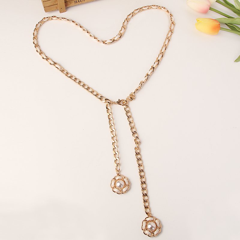 Factory Hot Sale Ladies Fashion Belt Metal Chain Wave Flower Pearl Buckle Chain the belt for women