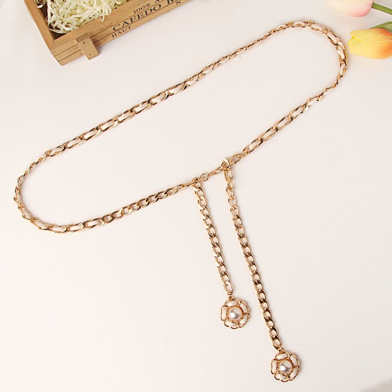 Factory Hot Sale Ladies Fashion Belt Metal Chain Wave Flower Pearl Buckle Chain the belt for women