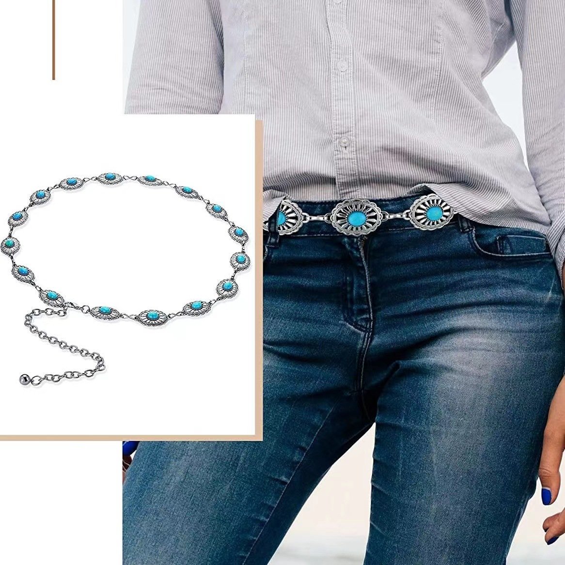 Fashion Europe and the United States turquoise chain belt explosive women's belt metal waist chain small waist thin waist chain
