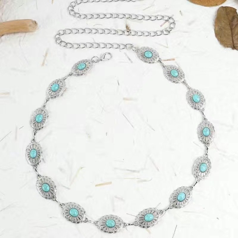 Fashion Europe and the United States turquoise chain belt explosive women's belt metal waist chain small waist thin waist chain